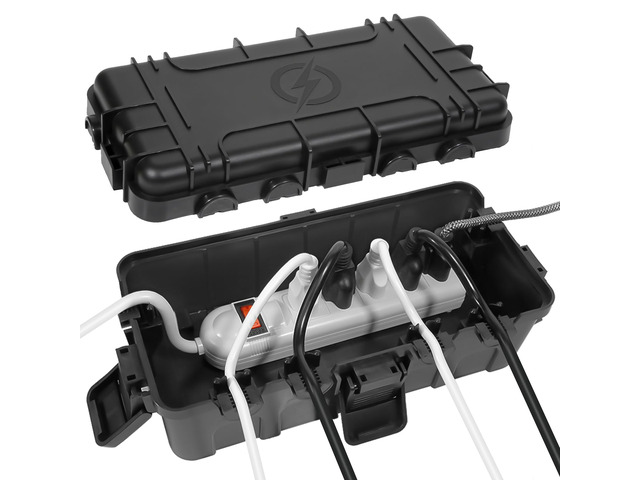 Medium Outdoor Electrical Box IP54 Waterproof Black (11.6x5.2x4.1) IP54 Extension Cord Cover w/ 6 Ports, Protects Power Strip, Timer, Outlet, Plug,...