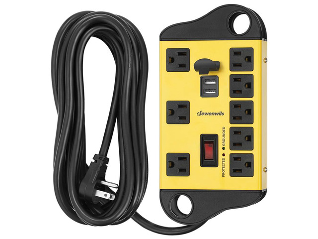 8 Outlet Metal Power Strip Surge Protector with 2 USB Ports 15FT Flat Plug Extension Cord, 15A Circuit Breaker, 1440J, Heavy Duty Industrial...