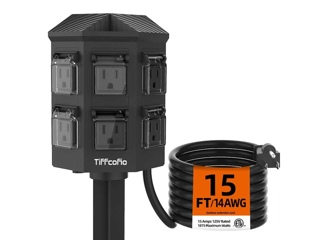 Outdoor Power Strip Weatherproof, 15 FT Extension Cord with Stake, 6 Grounded Outlets for Christmas Yard Decorations and Inflatables, 15A/1875W,...