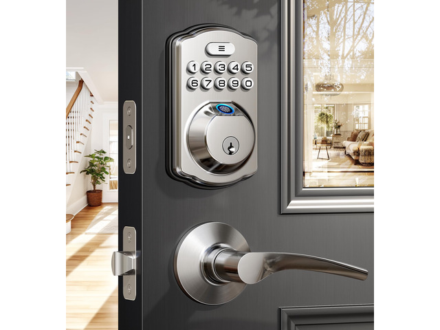KS02B Fingerprint Door Lock with 2 Lever Handles, Satin Nickel Zinc Alloy Handle Set, Auto Lock, Anti-Peep Codes, 2 Keys, Keyless Entry Deadbolt,...