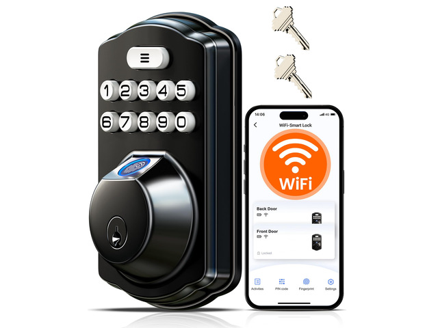VE012W WiFi Fingerprint Smart Lock for Front Door, Matte Black App Remote, Built-in WiFi, Alexa & Google Compatible, Real-Time Alerts, Low Battery...
