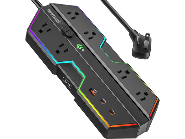 4000J Surge Protector Gaming Power Strip RGB Lights Black 6 Outlets 3USB Ports PD 20W Fast Charging 6 Ft Extension Cord Wide Spaced