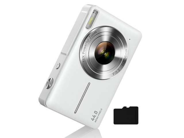 Digital Camera 1080P with 32G Card 16X Zoom & Flash Compact for Kid, White Small camera with anti-shake, Includes 2 batteries & charger. Perfect...