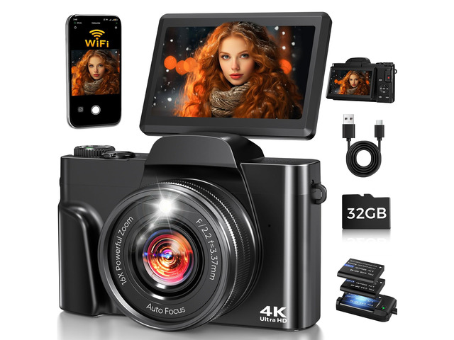 4K Digital Camera WiFi 180° Flip Screen Autofocus 64MP 16X Zoom, Black Vlogging Camera for YouTube, Compact Travel Camera for Beginners,...