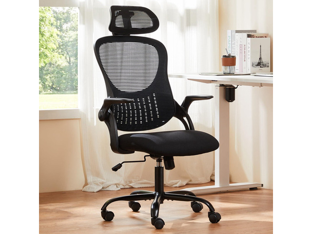 Home Office Managerial Executive Chair, High-Back Mesh with Adjustable Headrest, Flip-up Armrest Comfortable Lumbar Support, Comfy Arms for...