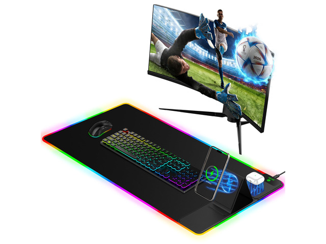 Mouse Pad with Foldable Phone Holder & Wireless Charger, XXL RGB Gaming Mousepad 31.5'x15.8' Large Desk Mat for Keyboard, Black Desk Pad with Dual...
