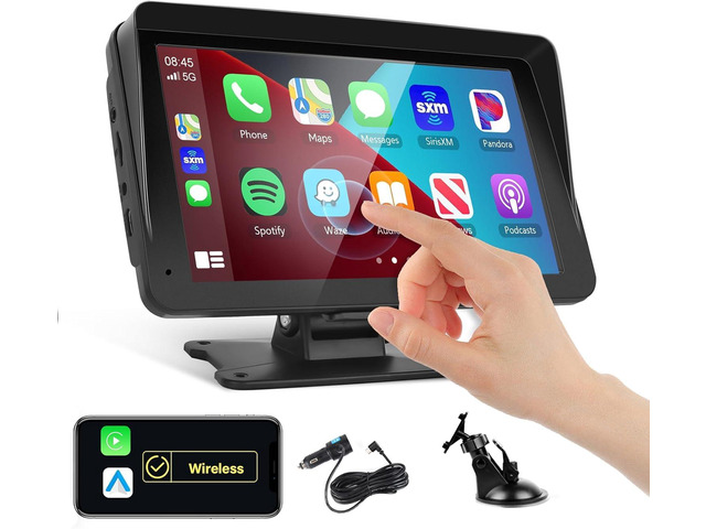 Portable Car Stereo with Wireless Carplay 7Inch Carplay Screen Car Radio with Bluetooth Hands-Free Voice Control Mirror Link Maps Navigation TF...