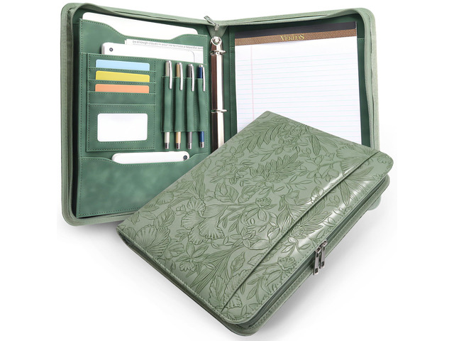 Zippered 3 Ring Portfolio Binder, Padfolio Organizer for Women Embossed faux leather organizer fits Letter/A4 pads and 13.9 in tablet, with card...