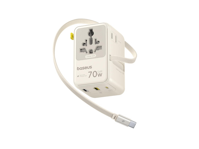 70W Universal Travel Adapter, 6-in-1 International Plug Adapter Worldwide Wall Charger with Retractable Cable, USB-C PD Fast Charging for...