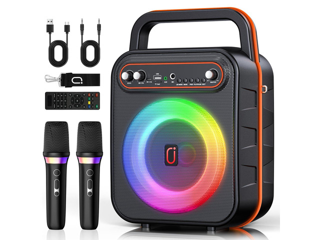 Karaoke Machine for Adults & Kids, Portable Bluetooth Speaker with 2 Wireless Microphones, PA System Treble & Bass with LED Lights, Supports...