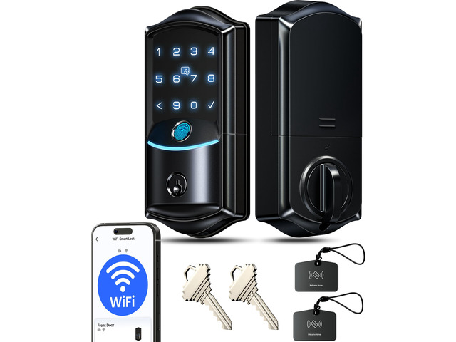 VE027 WiFi Smart Lock Fingerprint Keyless Entry Deadbolt Matte Black Built-in Wi-Fi, App Remote Control, Touchscreen Keypad, Fob, Code, Alexa...