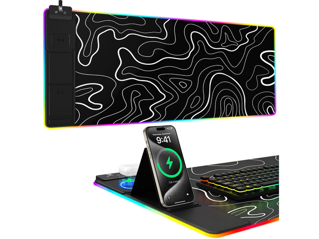 Mouse Pad with Phone Holder, Wireless Charging Desk Mat, RGB Gaming Mousepad Home Office Large Desk Pad with Ultra-Smooth Surface, Non-Slip Base,...