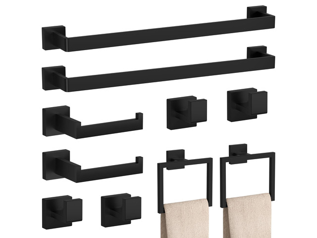 10-Pieces Matte Black Bathroom Accessories Set 23.6 Inch Towel Bar Set. SUS 304 Stainless Steel Bathroom Hardware Set Towel Racks for Bathroom,...