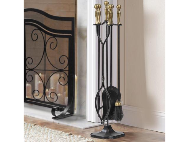 AMAGABELI Garden & Home 5 Pcs Fireplace Tools Brass Handles Wrought Iron Set Holder Indoor Outdoor Fireset Fire Pit Stand Rustic Tongs Shovel Brush...
