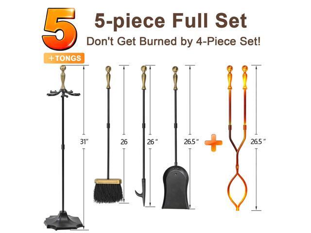 AMAGABELI Garden & Home 5 Pcs Fireplace Tools Brass Handles Wrought Iron Set Holder Indoor Outdoor Fireset Fire Pit Stand Rustic Tongs Shovel Brush...