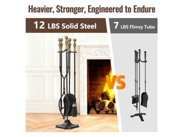 AMAGABELI Garden & Home 5 Pcs Fireplace Tools Brass Handles Wrought Iron Set Holder Indoor Outdoor Fireset Fire Pit Stand Rustic Tongs Shovel Brush...