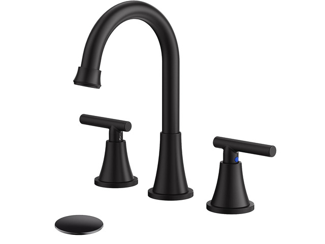 Bathroom Faucet 3 Hole, Matte Black Faucets with Drain and Supply Lines Stainless Steel Lead-Free Widespread Bathroom Sink Faucet for Vanity RV...