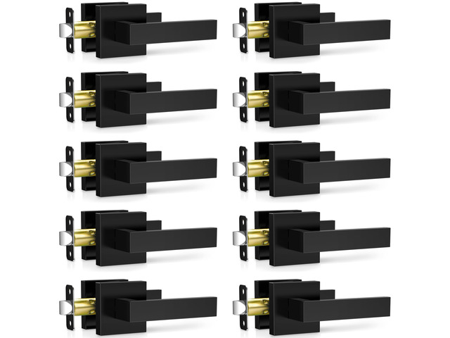 10 Pack Matte Black Door Handles Interior, Passage Door Knobs Closet Door Levers for Hallway, Heavy Duty Square Doorknob Non-Locking Handlesets for...