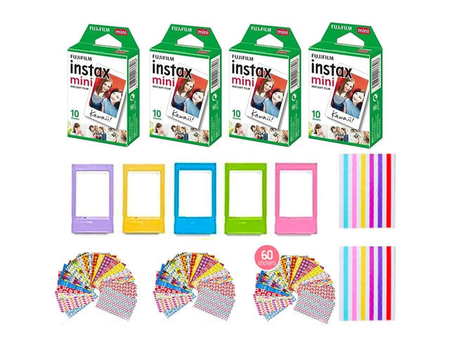 Instax Mini Instant Film (2 Pack, 40 Sheets) 5 Plastic Desk Frames + 60 Sticker Frames + 2 Packs Corner Stickers