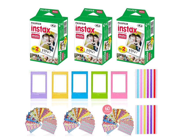 Instax Mini Instant Film (3 Pack, 60 Sheets) 5 Plastic Desk Frames, 60 Sticker Frames, 10 Hanging Creative Frames, 1 Pack Corner Stickers