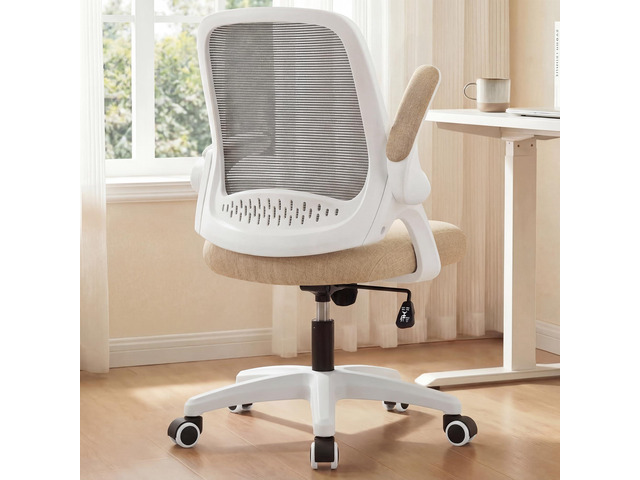 Office Desk Chair, Ergonomic Mesh with Flip-Up Armrests, Beige Lumbar Support, Height Adjustment, 360° Swivel and Rolling Base, Space-Saving Design...