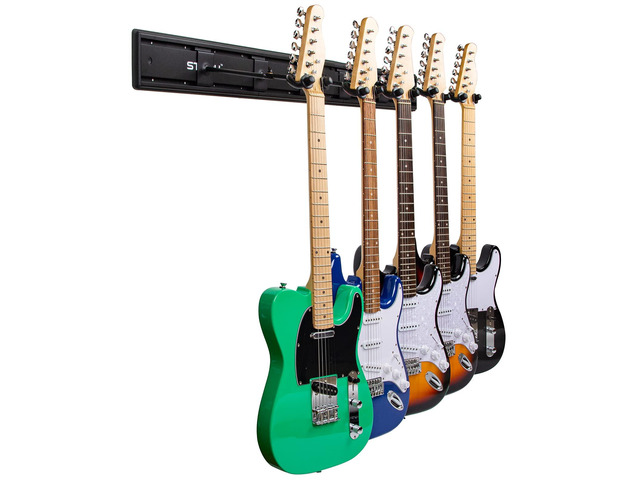 Guitar Wall Mount Hangers - Holds 5 Guitars, Aluminum Painted Black, Strong Aluminum Metal Stand Rack, Adjustable Display Set, SMH-05W