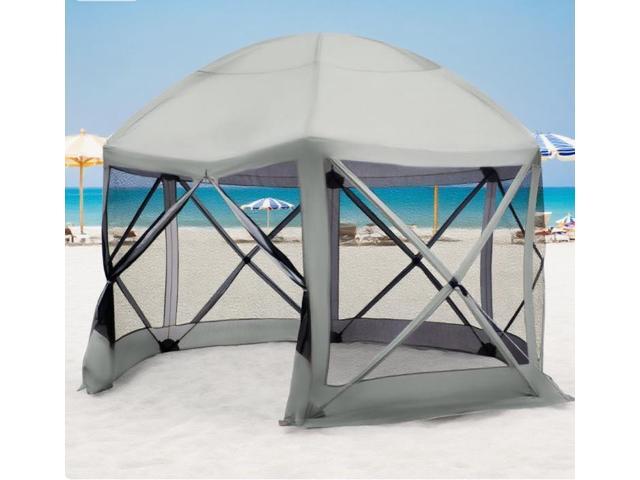 6-Sided Hexagon Pop Up Party Tent Gazebo with Mesh Netting Walls & Shaded Interior, 12' x 12', Beige