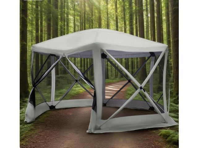 6-Sided Hexagon Pop Up Party Tent Gazebo with Mesh Netting Walls & Shaded Interior, 12' x 12', Beige