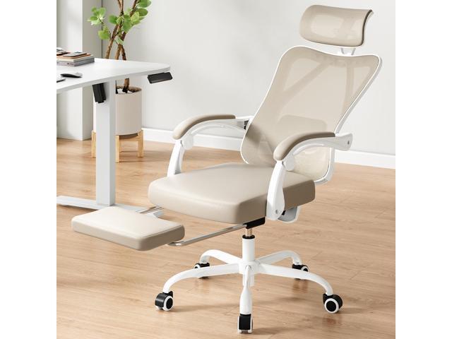 DEWAN Ergonomic Office Chair with Footrest, Mesh Desk Chair with Headrest, High Back Adjustable Lumbar Support, White & Kakhi