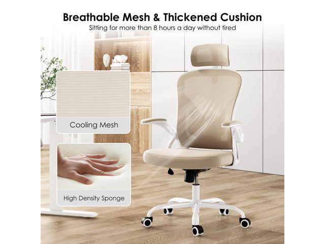DEWAN Ergonomic Office Chair High Back Desk Chair with Headrest and Adjustable Lumbar Support, White & Khaki