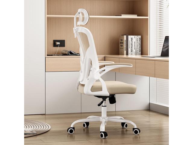 DEWAN Ergonomic Office Chair High Back Desk Chair with Headrest and Adjustable Lumbar Support, White & Khaki