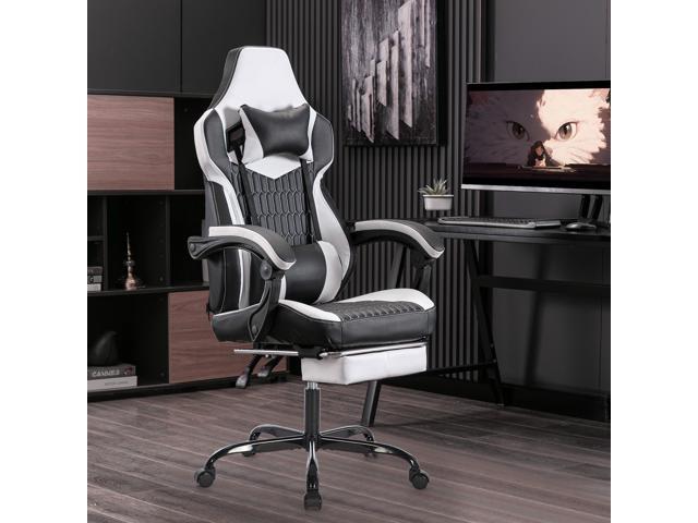 DEWAN Gaming Chair with Footrest High Back PVC Leather Ergonomic Office Chair with Headrest and Lumbar Support Racing Style Black White for Home or...