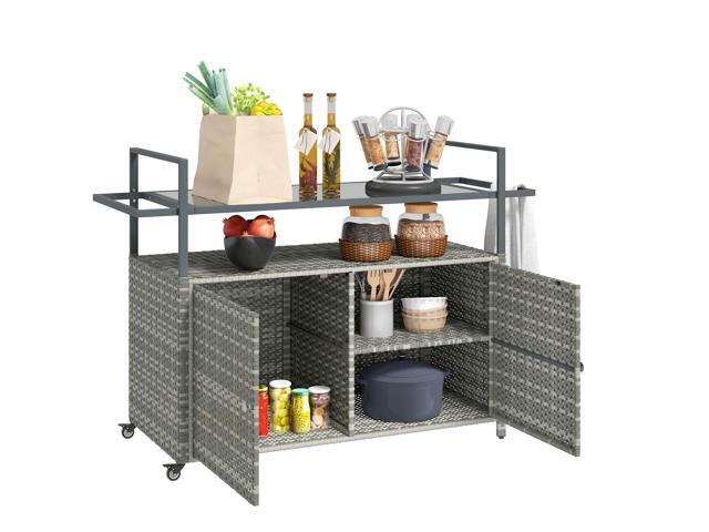 Wicker Outdoor Bar Table with 2-Tier Shelf & Cabinet, Mixed Gray