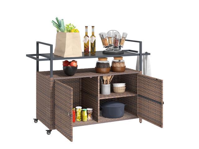 2-Tier Shelf PE Rattan Outdoor Bar Table, Glass Top Outdoor Serving Cart with Cabinet, Mixed Brown