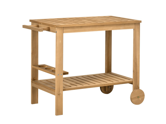 Outdoor Bar Cart, Wood Rolling Home Bar & Serving Cart with 2 Shelves, Wine Bottle Holders for Garden, Dining Room, Natural