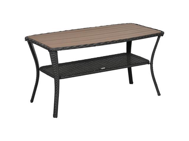 Patio PE Rattan Coffee Table with Storage Shelf, Hand-Woven Wicker Outdoor Side Table, 2-Layer Storage Table with Wood-plastic Composite Top, for...