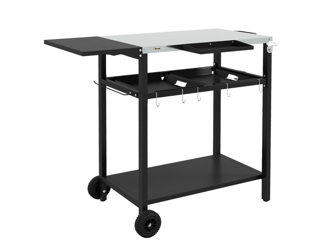 Outdoor Bar Cart with Stainless Steel Tabletop, Kitchen Island with Wheels, 2 Tiers & Seasoning Shelf, Patio Serving Cart with Hooks, Towel &...