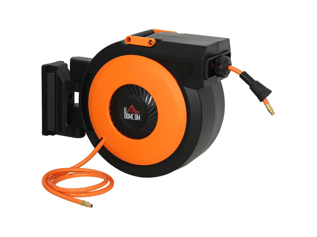HOMCOM Retractable Air Hose Reel, Auto Rewind Air Compressor Hose Reel with Swivel Bracket, 3/8 in x 98 ft, 6.6 ft Lead in, 300 PSI, Black and Orange