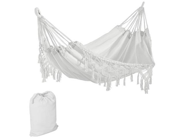 Extra Large Boho Hammock with Macrame Tassel Fringe, Includes Carrying Bag, Indoor Outdoor Tree Hammock for Porch, Backyard, Camping, White