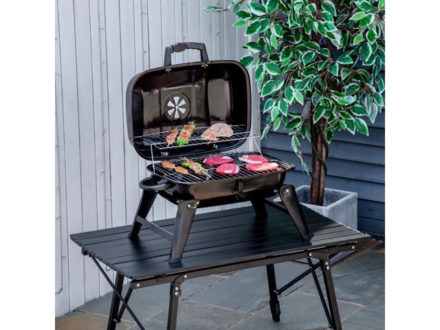 14' Portable Charcoal Grill, Tabletop Small BBQ Grill for Outdoor Cooking, Camping, Tailgating, Enamel Coated, Vent, Folding Legs, Black