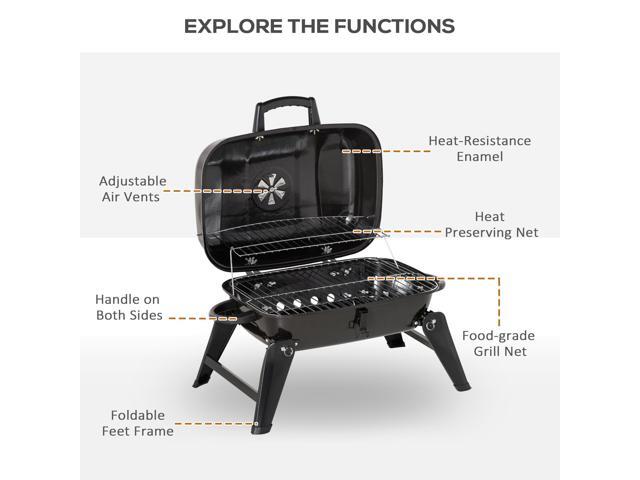 14' Portable Charcoal Grill, Tabletop Small BBQ Grill for Outdoor Cooking, Camping, Tailgating, Enamel Coated, Vent, Folding Legs, Black