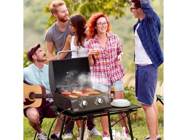 2 Burner Propane Gas Grill Outdoor Portable Tabletop BBQ with Foldable Legs, Lid, Thermometer for Camping, Picnic, Backyard, Black