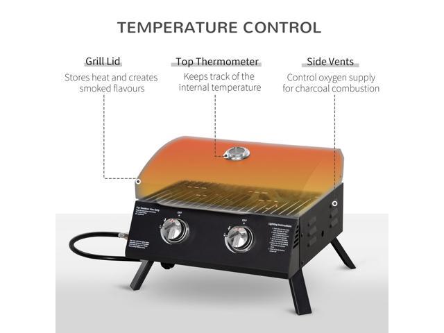 2 Burner Propane Gas Grill Outdoor Portable Tabletop BBQ with Foldable Legs, Lid, Thermometer for Camping, Picnic, Backyard, Black