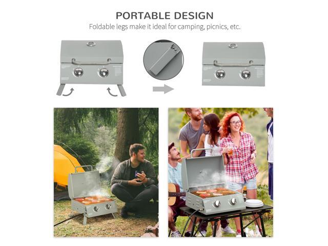 2 Burner Propane Gas Grill Outdoor Portable Tabletop BBQ with Foldable Legs, Lid, Thermometer for Camping, Picnic, Backyard, Light Grey