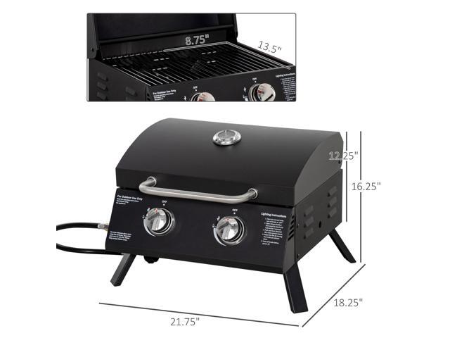 2 Burner Propane Gas Grill Outdoor Portable Tabletop BBQ with Foldable Legs, Lid, Thermometer for Camping, Picnic, Backyard, Black
