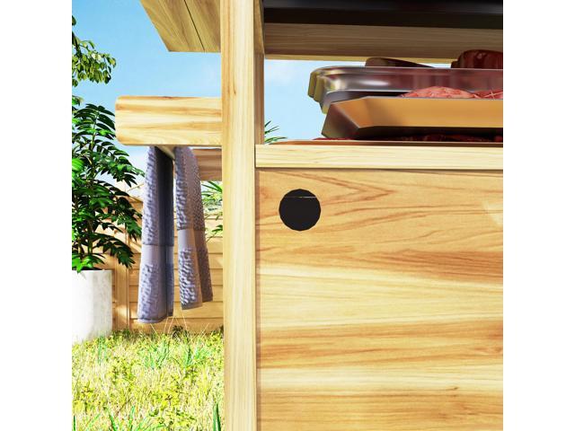 Outdoor Grill Cart w/ Wheels and Storage Cabinets, Solid Wood Outdoor Kitchen Island w/ Stainless Steel Top, Integrated Hole, Natural Wood