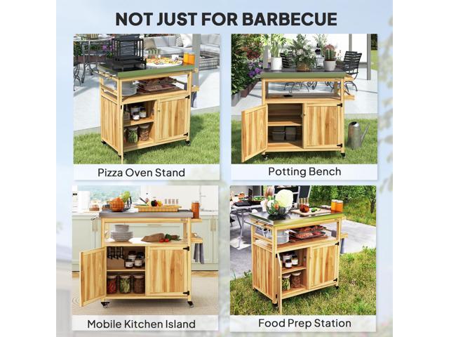 Outdoor Grill Cart w/ Wheels and Storage Cabinets, Solid Wood Outdoor Kitchen Island w/ Stainless Steel Top, Integrated Hole, Natural Wood