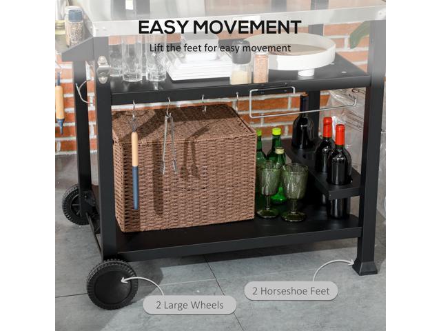 Outdoor Grill Cart with Foldable Side Table, 46' x 21.75' Multifunctional Stainless Steel Pizza Oven Stand with Three-Shelf, Movable Food Prep...