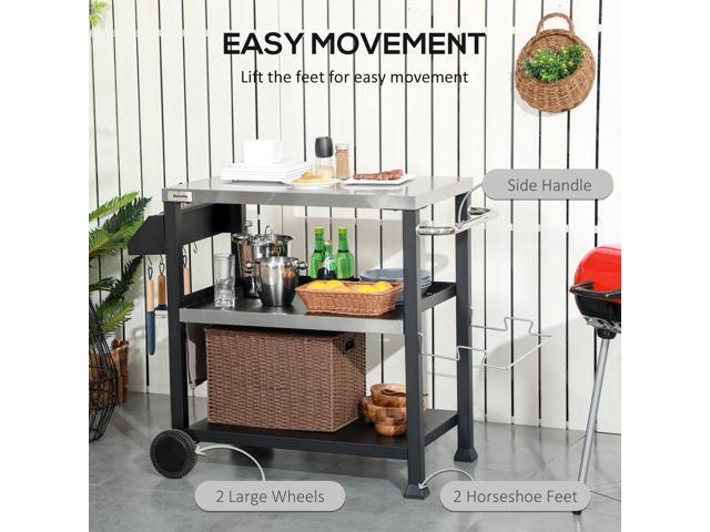 Three-Shelf Outdoor Grill Cart with Stainless Steel Tabletop, Side Handle, 32' x 20.5' Multifunctional Pizza Oven Stand, Movable Food Prep Table on...
