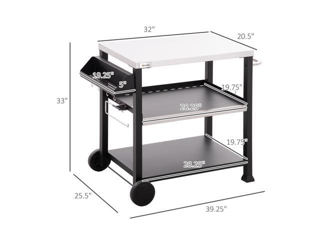 Three-Shelf Outdoor Grill Cart with Stainless Steel Tabletop, Side Handle, 32' x 20.5' Multifunctional Pizza Oven Stand, Movable Food Prep Table on...